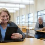 Ältere Dame hält Tablet in der Hand und lernt in Klassenzimmer