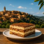 Ein Stück Tiramisù auf einem weißen Teller, serviert auf einem rustikalen Holztisch mit Blick auf eine sonnige italienische Stadt.