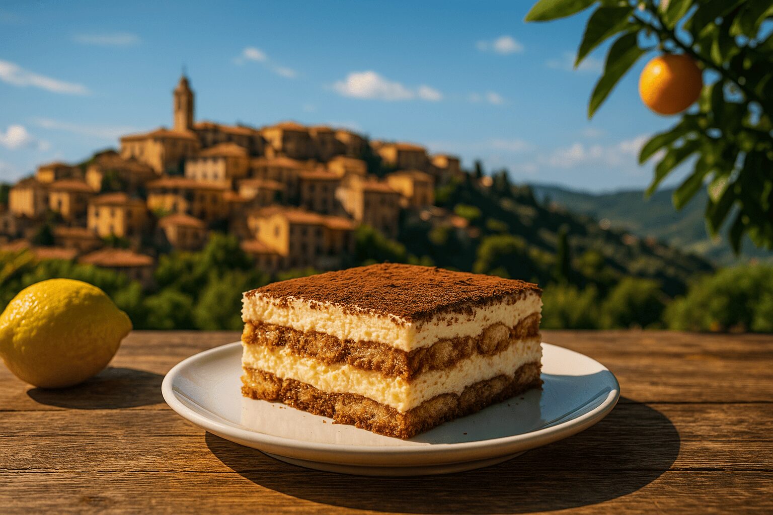 Ein Stück Tiramisù auf einem weißen Teller, serviert auf einem rustikalen Holztisch mit Blick auf eine sonnige italienische Stadt.