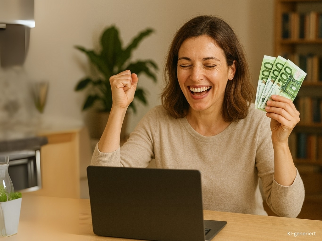 Frau freut sich über gespartes Geld dank Bildungsförderung
